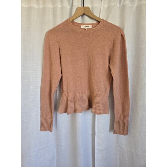 FRAME Womens XS Cashmere Peplum Cinched Ruffle Hem Sweater Pink Crewneck Preppy - Picture 2 of 7